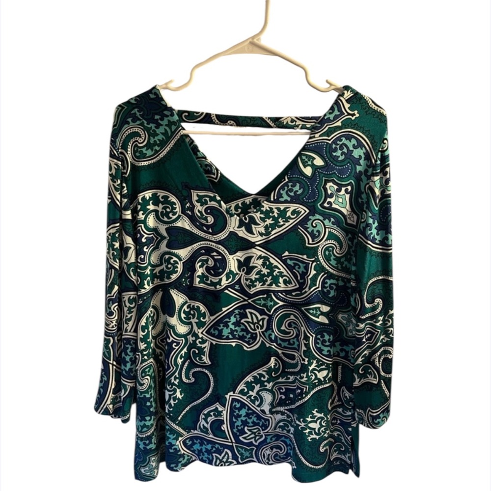 Chico's Green Asymmetrical 3/4‎ Sleeve Blouse